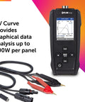 Solar Panel Tester And IV Curve Tracer With Temperature Readings For Quick Max Power And Efficiency Checks Large Sun Readable LCD Graphical IV Analysis Up To 800 Watts Per Panel shown with cables and connectors.