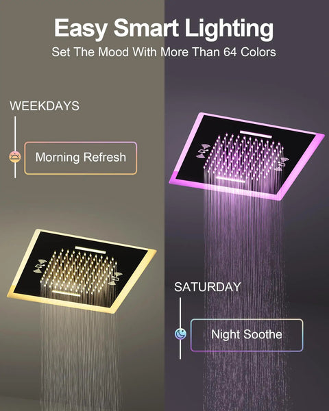 GRANDJOY 20" LED Shower System with Handheld Spray, Matte Black showing smart lighting features and water flow.