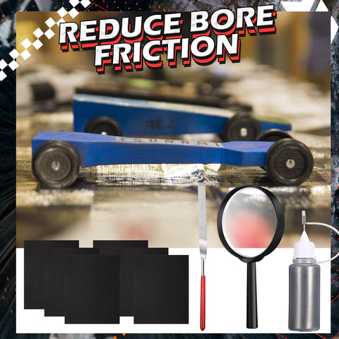 Pinewood Derby Car Polishing Kit With Graphite Powder, Buffing Wool Head, Magnifying Glass, Flat File, Polishing Spears, Sandpaper.
