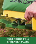 Hand holding 25 Lb Handheld Bag Seeder Spreader With Waterproof Vinyl Bag, showing rust-proof poly spreader plate.