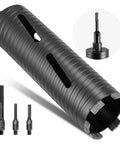 Side view of a 3-inch diamond dry core drill bit with 3 adapters, pilot drill, and hex wrench.