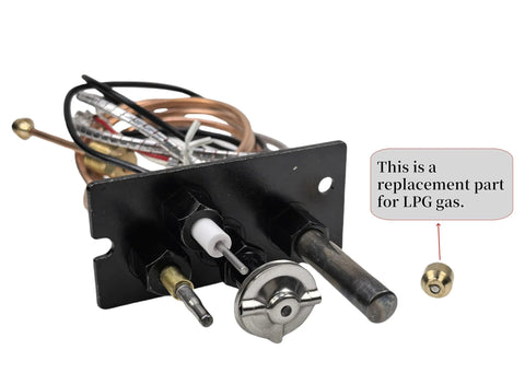 Front view of LPG/NG fireplace pilot assembly with 750mV thermopile, black mounting plate and wiring.