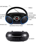 Portable CD Player Boombox with top-loading disc, 20-track programmable memory, AM/FM stereo, black finish with blue rims.