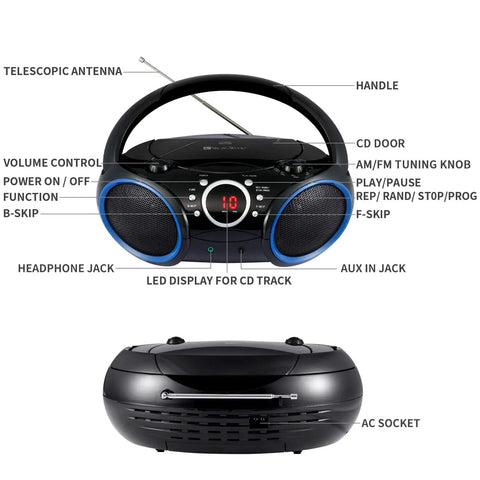 Portable CD Player Boombox with top-loading disc, 20-track programmable memory, AM/FM stereo, black finish with blue rims.