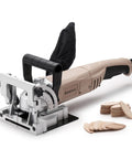 Smooth Operator 8.5 Amp Biscuit Joiner With Knockout 12000 RPM Power Head showing precision cutting tool with pre-cut biscuits.