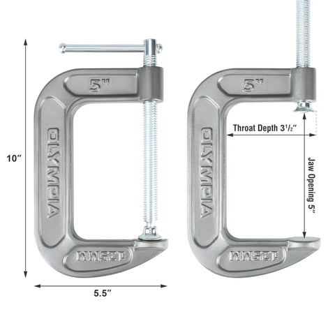 Heavy Duty C Clamp 5 Inch By 3.25 Inch Built Tough For Woodworking And Home Projects, Steel Clamp With Smooth Swivel, High Friction Frame, Ergonomic Grip For Precise, Reliable Hold. 5-inch steel C-clamp with 3.5-inch throat depth and 10-inch height