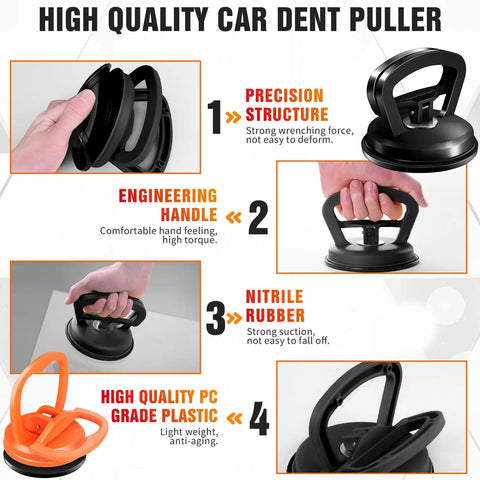Dent Puller Kit With Suction Cup For Cars Large 4.6 Inch Dent Remover Plus Two Small 2.1 Inch Pullers Microfiber Cloth All In One Auto Dents Repair Tools Bundle Easy DIY Fix black suction dent puller with handle, shown in use