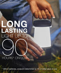 WeatherReady LED Camping Lantern Pro 360 IPX4 Water Resistant tent light held by person emphasizing long battery life