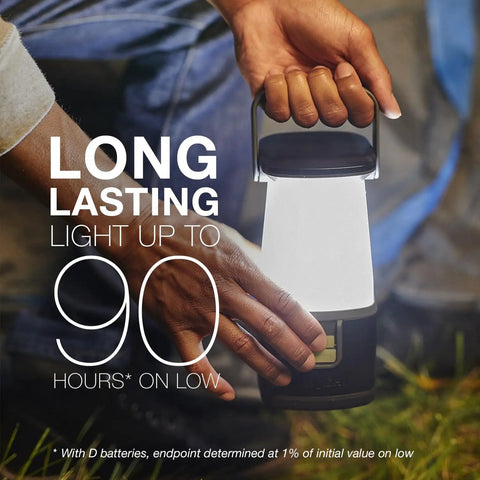 WeatherReady LED Camping Lantern Pro 360 IPX4 Water Resistant tent light held by person emphasizing long battery life
