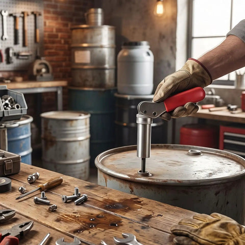 Heavy Duty Steel Drum Fastener Plunger Tool Fits Size Six Components With 0.158 Inch Inner Diameter in use with a drum.