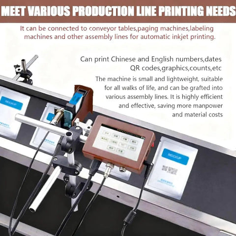 High Speed Online Continuous Inkjet Printer For Automatic Coding And Date Encoding connected to conveyor line, displaying control panel and setup.