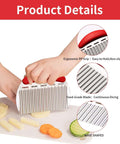 Onion slicer and vegetable chopper with wave blade, stainless steel and red ergonomic grip for slicing onions and potatoes.