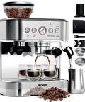 Top Shelf Semi Automatic Espresso Machine Paired With A Dead Silent Conical Burr Grinder And Polished Stainless Steel Milk Frother For Bold Morning Brews Daily with glass cups and coffee beans.