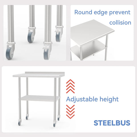 Stainless Steel Work Table With Undershelf And Casters, Flat Top Commercial Prep Table For Kitchen, Restaurant, and Garage, Heavy Duty