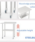 Stainless Steel Work Table With Casters And Undershelf, Flat Top Commercial Prep Table For Kitchen, Restaurant Or Garage, Heavy Duty, NSF Certified, Scratch And Rust Resistant, Easy To Clean, 36 Inch Rollin Prep Station