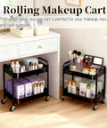 Two Tier Rolling Cart With Wheels For Under Desk Storage And Small Space Organization, loaded with makeup products, black