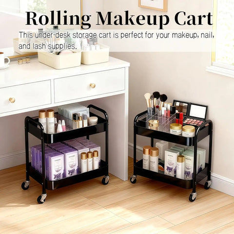 Two Tier Rolling Cart With Wheels For Under Desk Storage And Small Space Organization, loaded with makeup products, black