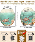 Round Resin Toilet Seat for Bathroom with turtle design, measuring 14.4" x 17.5" for proper fitting instructions.