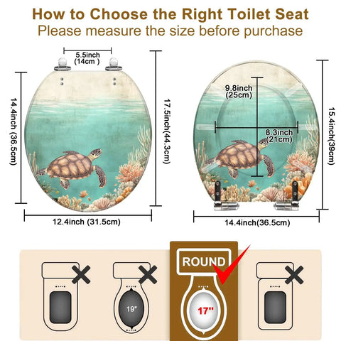 Round Resin Toilet Seat for Bathroom with turtle design, measuring 14.4" x 17.5" for proper fitting instructions.
