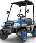 Big Kid Approved 24V Electric Ride On Car Crew Ready 4 Seater Kids Golf Cart With Full Seatbelts Rear Footrests, blue and black design.