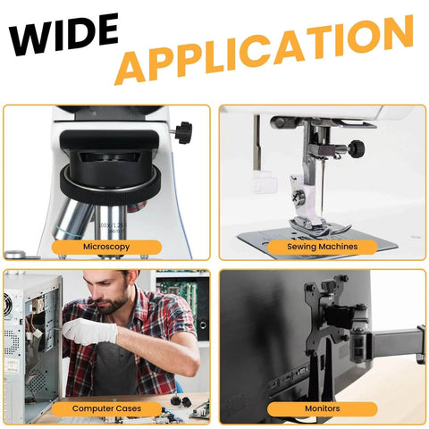 Applications of knurled M4 thumb screws in microscopes, sewing machines, computer cases, and monitors