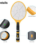 Electric Bug Zapper Fly Swatter 3000V USB Rechargeable Mosquito Racket With LED Light 2 Layer Mesh Large Size Yellow details view