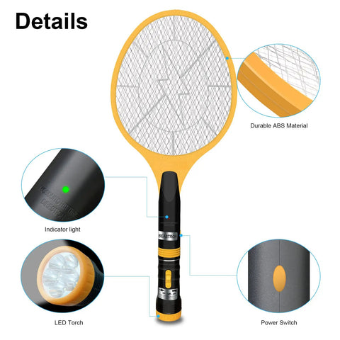 Electric Bug Zapper Fly Swatter 3000V USB Rechargeable Mosquito Racket With LED Light 2 Layer Mesh Large Size Yellow details view