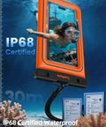 Floating Waterproof Phone Pouch 2 Pack IP68 Case for underwater use, displaying smartphone with snorkeler at 30 meters depth.