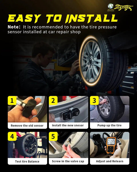Easy installation steps for Highway Hero 315MHz Tire Pressure Monitor Sensor on a vehicle wheel.