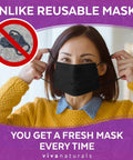Woman wearing Ultra Thick 4-Ply Black Disposable Face Mask, holding earloops, text indicating fresh mask every time.