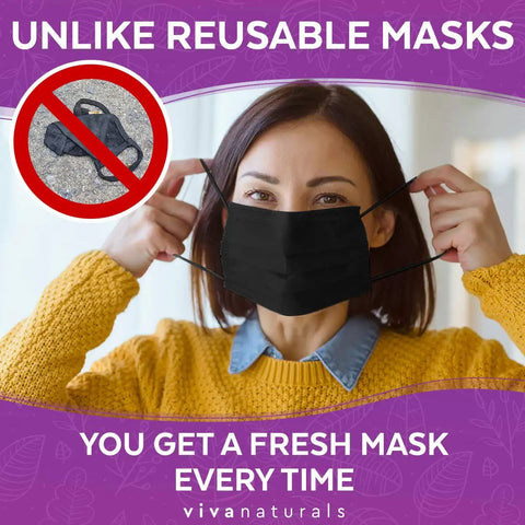 Woman wearing Ultra Thick 4-Ply Black Disposable Face Mask, holding earloops, text indicating fresh mask every time.