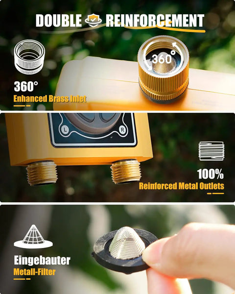 2 Zone WiFi Hose Timer with brass inlet and outlet showing metal filter and reinforced components for lawn care
