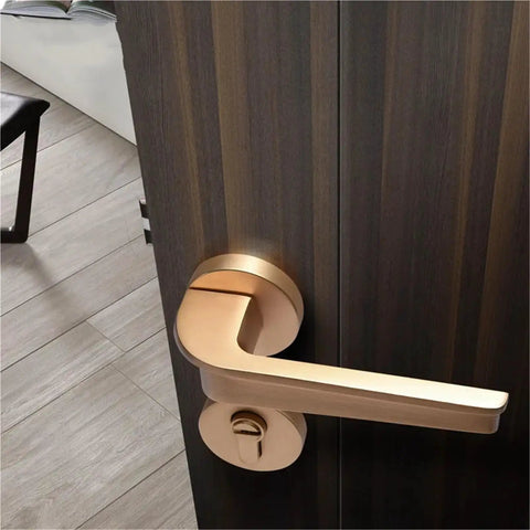 Gold Interior Door Handle Lock For Bedroom Hardware, satin finish privacy lock on dark wood door, easy install reversible latch