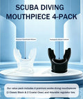 Four Pack Soft Silicone Scuba Regulator Mouthpieces With Ties Replacement Snorkel Mouthpieces For Octopus And Primary Regulators Universal Fit 2 Black 2 Clear Comfortable Dive Gear displayed in packaging with silicone labels.