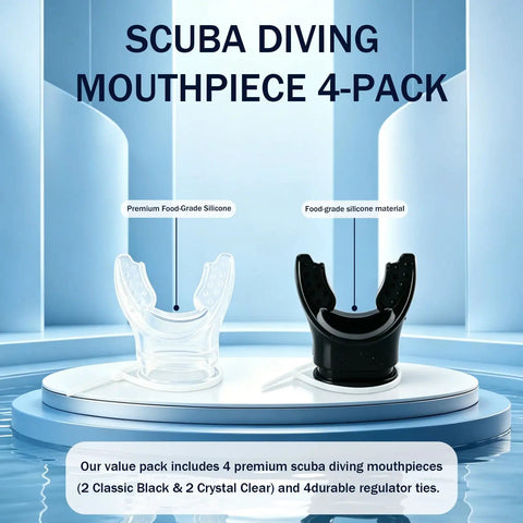 Four Pack Soft Silicone Scuba Regulator Mouthpieces With Ties Replacement Snorkel Mouthpieces For Octopus And Primary Regulators Universal Fit 2 Black 2 Clear Comfortable Dive Gear displayed in packaging with silicone labels.