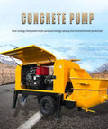 Powerful Portable Concrete Pump Machine With Advanced Hydraulic Drive System For Efficient Construction Site Material Transfer and Heavy Duty Conveying Solutions In Professional Settings, yellow mobile pump with open hood.