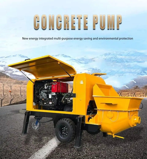 Powerful Portable Concrete Pump Machine With Advanced Hydraulic Drive System For Efficient Construction Site Material Transfer and Heavy Duty Conveying Solutions In Professional Settings, yellow mobile pump with open hood.