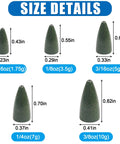 Size details of assorted lead slip weights for bass fishing, showing dimensions and weights from 1.75g to 10g in different sizes.