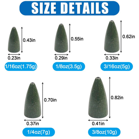 Size details of assorted lead slip weights for bass fishing, showing dimensions and weights from 1.75g to 10g in different sizes.
