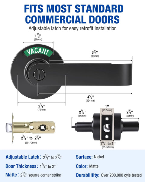 Heavy Duty Dual Pack Bathroom Lock With Vacant Occupied Sign For Door Handle Commercial Grade Restroom Knob Perfect AirBnb Mall Office Usage, matte black adjustable latch