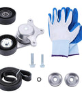 Premium Serpentine Belt Tensioner And Idler Pulley Kit Direct Fit For Ford Explorer Edge Taurus Fusion Flex 3.5L V6 2007 To 2019 with gloves, bolts, pulleys and belt