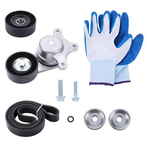 Premium Serpentine Belt Tensioner And Idler Pulley Kit Direct Fit For Ford Explorer Edge Taurus Fusion Flex 3.5L V6 2007 To 2019 with gloves, bolts, pulleys and belt
