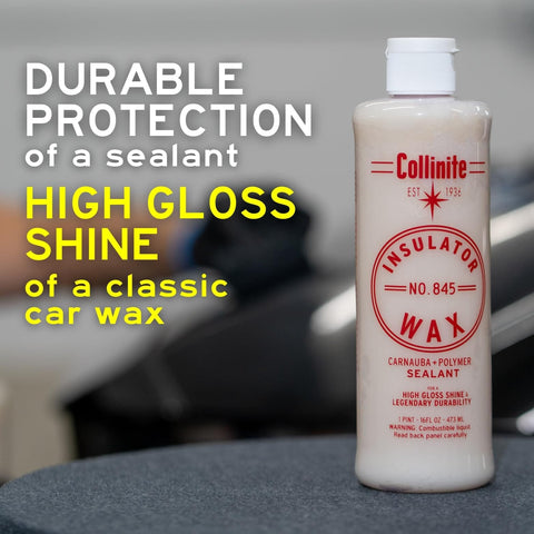 845 Insulator Wax Carnauba And Polymer Sealant With No Fuss Easy To Use Ultra High Gloss Finish bottle on table