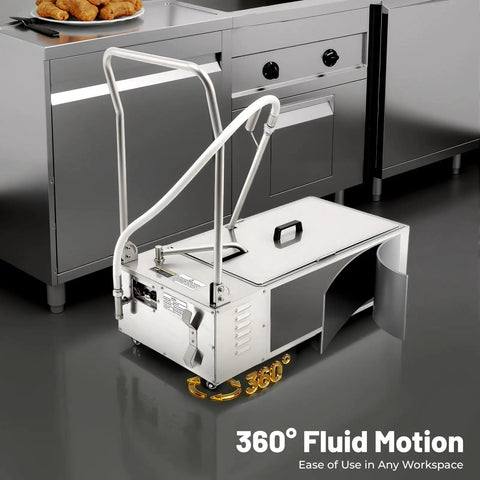 55 Gallon Heavy Duty Oil Filter Machine For Commercial Kitchen Deep Fryers shown from behind, featuring hose system and stainless steel frame.