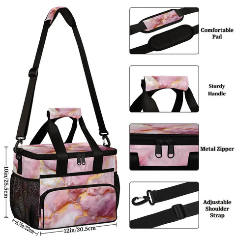 Marbling Pattern Insulated Picnic Backpack With Spacious 12x9x10in Lunch Bag includes shoulder strap, handle, and zipper details.
