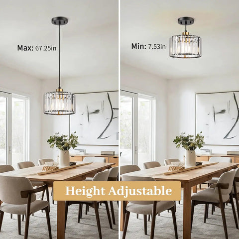 Total Glow Up Modern Crystal Pendant Lights For Kitchen Island In Sleek Black And Gold Height Adjustable Hanging Chandelier for Dining Room Decor with adjustable height options.