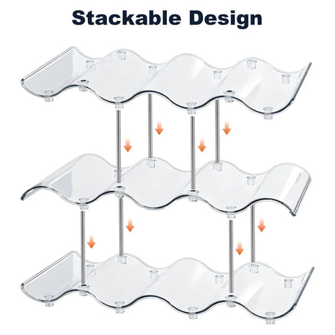 Three Tier Stackable Water Bottle Organizer With Large Compartments, Clear PET Bottle Holder For Cabinets shown in 3-tier setup