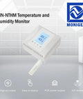 All In One Network Temperature And Humidity Monitor With PoE Power Supply shown with digital display and Monigear branding.