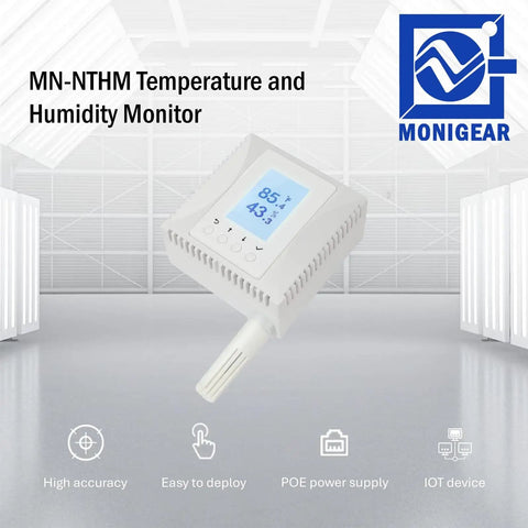 All In One Network Temperature And Humidity Monitor With PoE Power Supply shown with digital display and Monigear branding.