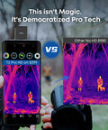 Long Range Thermal Monocular For iPhone With 13mm Lens And Tactical Handle Infrared Imager For Outdoor Hunting And Wildlife Detect Deer At 1500 Yards In Night Vision Black showing comparison of thermal images on smartphone and separate view